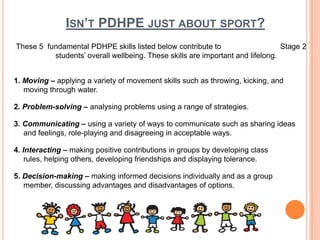 ISN’T PDHPE JUST ABOUT SPORT?
These 5 fundamental PDHPE skills listed below contribute to Stage 2
students’ overall wellbeing. These skills are important and lifelong.
1. Moving – applying a variety of movement skills such as throwing, kicking, and
moving through water.
2. Problem-solving – analysing problems using a range of strategies.
3. Communicating – using a variety of ways to communicate such as sharing ideas
and feelings, role-playing and disagreeing in acceptable ways.
4. Interacting – making positive contributions in groups by developing class
rules, helping others, developing friendships and displaying tolerance.
5. Decision-making – making informed decisions individually and as a group
member, discussing advantages and disadvantages of options.
 