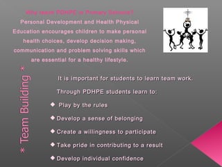 Why teach PDHPE in Primary Schools?
Personal Development and Health Physical
Education encourages children to make personal
health choices, develop decision making,
communication and problem solving skills which
are essential for a healthy lifestyle.
It is important for students to learn team work.It is important for students to learn team work.
Through PDHPE students learn to:Through PDHPE students learn to:
Play by the rulesPlay by the rules
Develop a sense of belongingDevelop a sense of belonging
Create a willingness to participateCreate a willingness to participate
Take pride in contributing to a resultTake pride in contributing to a result
Develop individual confidenceDevelop individual confidence