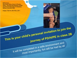 References:
New South Wales, Board of Studies.
(2007). Personal Development, Health
and Physical Education K-6 Syllabus.
Sydney, Australia: BOS
Images: Clip Art, Word Doc, 2011.

 