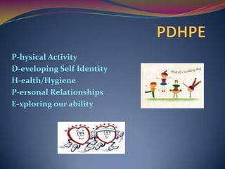 P-hysical Activity
D-eveloping Self Identity
H-ealth/Hygiene
P-ersonal Relationships
E-xploring our ability
 