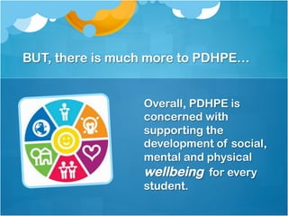 BUT, there is much more to PDHPE…
Overall, PDHPE is
concerned with
supporting the
development of social,
mental and physical
wellbeing for every
student.
 