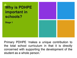 +Why is PDHPE
important in
schools?
Stage 1
Primary PDHPE ‘makes a unique contribution to
the total school curriculum in that it is directly
concerned with supporting the development of the
student as a whole person.’
 