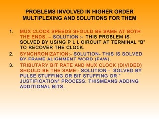 PROBLEMS INVOLVED IN HIGHER ORDER
MULTIPLEXING AND SOLUTIONS FOR THEM
1. MUX CLOCK SPEEDS SHOULD BE SAME AT BOTH
THE ENDS. – SOLUTION :- THIS PROBLEM IS
SOLVED BY USING P L L CIRCUIT AT TERMINAL “B”
TO RECOVER THE CLOCK.
2. SYNCHRONIZATION:- SOLUTION- THIS IS SOLVED
BY FRAME ALIGNMENT WORD (FAW).
3. TRIBUTARY BIT RATE AND MUX CLOCK (DIVIDED)
SHOULD BE THE SAME:- SOLUTION - SOLVED BY
PULSE STUFFING OR BIT STUFFING OR “
JUSTIFICATION” PROCESS. THISMEANS ADDING
ADDITIONAL BITS.
 