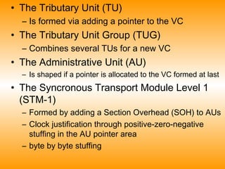 • The Tributary Unit (TU)
– Is formed via adding a pointer to the VC
• The Tributary Unit Group (TUG)
– Combines several TUs for a new VC
• The Administrative Unit (AU)
– Is shaped if a pointer is allocated to the VC formed at last
• The Syncronous Transport Module Level 1
(STM-1)
– Formed by adding a Section Overhead (SOH) to AUs
– Clock justification through positive-zero-negative
stuffing in the AU pointer area
– byte by byte stuffing
 