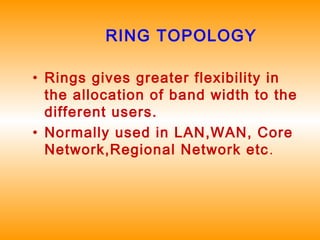 RING TOPOLOGY
• Rings gives greater flexibility in
the allocation of band width to the
different users.
• Normally used in LAN,WAN, Core
Network,Regional Network etc.
 