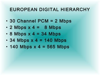 EUROPEAN DIGITAL HIERARCHY
• 30 Channel PCM = 2 Mbps
• 2 Mbps x 4 = 8 Mbps
• 8 Mbps x 4 = 34 Mbps
• 34 Mbps x 4 = 140 Mbps
• 140 Mbps x 4 = 565 Mbps
 