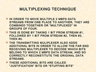 MULTIPLEXING TECHNIQUE
 IN ORDER TO MOVE MULTIPLE 2 MBPS DATA
STREAMS FROM ONE PLACE TO ANOTHER, THEY ARE
COMBINED TOGETHER OR “MULTIPLEXED” IN
GROUPS OF FOUR.
 THIS IS DONE BY TAKING 1 BIT FROM STREAM #1,
FOLLOWED BY 1 BIT FROM STREAM #2, THEN #3,
THEN #4.
 THE TRANSMITTING MULIPLEXER ALSO ADDS
ADDITIONAL BITS IN ORDER TO ALLOW THE FAR END
RECEIVING MULTIPLEXER TO DECODE WHICH BITS
BELONG TO WHICH 2 MBPS DATA STREAM, AND SO
CORRECTLY RECONSTITUTE THE ORIGINAL DATA
STREAMS.
 THESE ADDITIONAL BITS ARE CALLED
“JUSTIFICATION” BITS OR “STUFFING BITS”
 