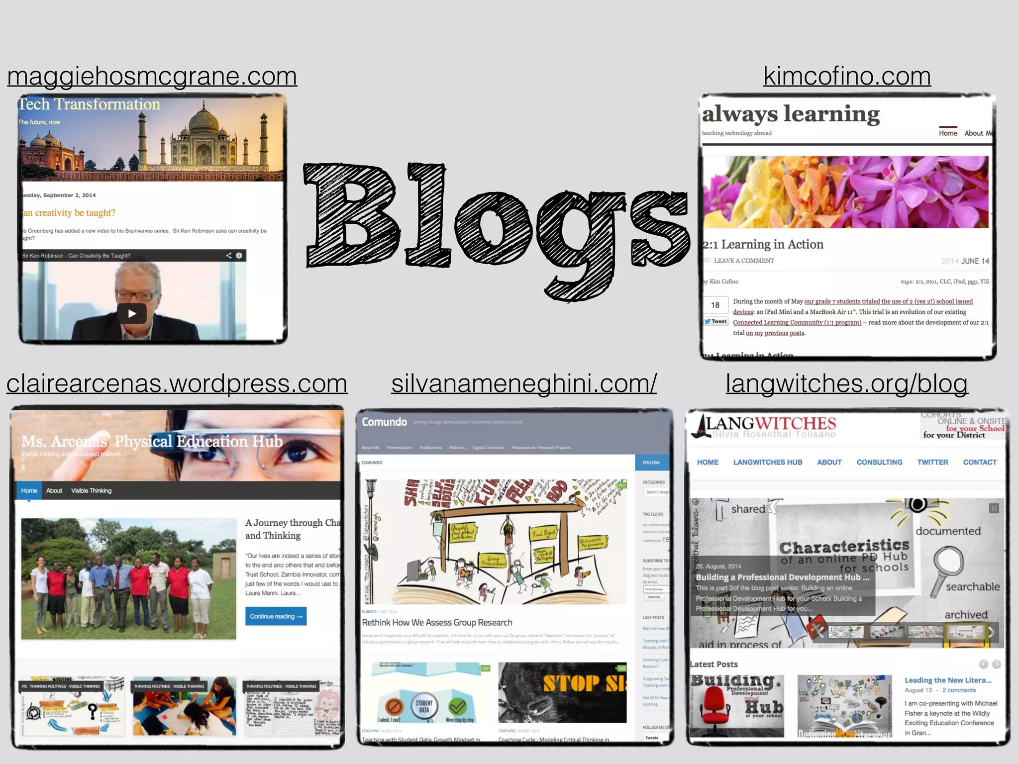 Blogs
silvanameneghini.com/ langwitches.org/blogclairearcenas.wordpress.com
maggiehosmcgrane.com kimcoﬁno.com
 