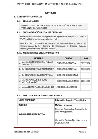 PROYECTO EDUCATIVO INSTITUCIONAL 2011-2016-IPAL


                                  CAPÍTULO I
3. DATOS INSTITUCIONALES

   1.1.    DENOMINACIÓN

           INSTITUTO DE EDUCACION SUPERIOR TECNÓLOGICO PRIVADO
          “PERUANO ALEMAN” S.R.L

   1.1.1. DOCUMENTACIÓN LEGAL DE CREACIÓN

       El estudio de factibilidad fue aprobado en agosto de 1,983 por R.M. Nº 910-
       83-ED del 26 de septiembre del mismo año.

       Con R.M. Nº 1221-83-ED se autorizó su funcionamiento y adecuó su
       nombre según la Ley General de Educación, a “Instituto Superior
       Tecnológico No Estatal Peruano Alemán”.

   1.1.2. MIEMBROS DEL ÓRGANO DIRECTIVO

                        NOMBRE                           CARGO                 DNI
          Mg. Ing. MARIO GABRIEL PELÁEZ
      a                                         DIRECTOR GENERAL            08777064
          BARDALES

      b Dr. EDUARDO PELÁEZ BARDALES             DIRECTOR GENERAL            07959685


      c Dr. EDUARDO PELÁEZ SANTILLÁN            DIRECTOR EJECUTIVO

          Mg. Ing. CARLOS ENRIQUE
      d                                         DIRECTOR ACADÉMICO 20074139
          MELGAR MARAVÍ

      e Lic. ALBERTO TABOADA JIMÉNEZ            ASESOR ACADÉMICO



   1.1.3. NIVELES Y MODALIDADES QUE ATIENDE

     NIVEL SUPERIOR                           Educación Superior Tecnológica

     TURNOS                                   Mañana y Noche

                                              Dirección Regional de Educación de
                                              Lima Metropolitana.
     JURISDICCIÓN EDUCATIVA


                                              Unidad de Gestión Ejecutiva Local –
                                              UGEL 03: Lima



“HACER Y HACER BIEN LAS COSAS”                                           Página 13
 