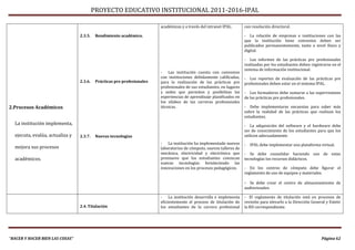 PROYECTO EDUCATIVO INSTITUCIONAL 2011-2016-IPAL

                                                                         académicas y a través del intranet IPAL.       con resolución directoral.

                                 2.3.5.    Rendimiento académico.                                                       - La relación de empresas e instituciones con las
                                                                                                                        que la institución tiene convenios deben ser
                                                                                                                        publicados permanentemente, tanto a nivel físico y
                                                                                                                        digital.

                                                                                                                        - Los informes de las prácticas pre profesionales
                                                                                                                        realizadas por los estudiantes deben registrarse en el
                                                                                                                        sistema de información institucional.
                                                                         - Las institución cuenta con convenios
                                                                         con instituciones debidamente calificadas,     - Los reportes de evaluación de las prácticas pre
                                 2.3.6.    Prácticas pre profesionales   para la realización de las prácticas pre       profesionales deben estar en el sistema IPAL.
                                                                         profesionales de sus estudiantes, en lugares
                                                                         y sedes que permiten y posibilitan las         - Los formadores debe sumarse a las supervisiones
                                                                         experiencias de aprendizaje planificados en    de las prácticas pre profesionales.
                                                                         los sílabos de las carreras profesionales
2.Procesos Académicos                                                    técnicas.                                      - Debe implementarse encuestas para saber más
                                                                                                                        sobre la realidad de las prácticas que realizan los
                                                                                                                        estudiantes.
  La institución implementa,                                                                                            - La adquisición del software y el hardware debe
                                                                                                                        ser de conocimiento de los estudiantes para que los
  ejecuta, evalúa, actualiza y   2.3.7.    Nuevas tecnologías                                                           utilicen adecuadamente.
                                                                         - La institución ha implementado nuevos        - IPAL debe implementar una plataforma virtual.
  mejora sus procesos                                                    laboratorios de cómputo, nuevos talleres de
                                                                         mecánica, electricidad y electrónica que       - Se debe consolidar haciendo uso de estas
  académicos.                                                            promueve que los estudiantes conozcan          tecnologías los recursos didácticos.
                                                                         nuevas tecnologías fortaleciendo las
                                                                         innovaciones en los procesos pedagógicos.      - En los centros de cómputo debe figurar el
                                                                                                                        reglamento de uso de equipos y materiales.

                                                                                                                        - Se debe crear el centro de almacenamiento de
                                                                                                                        audiovisuales.

                                                                         - La institución desarrolla e implementa       - El reglamento de titulación está en procesos de
                                                                         eficientemente el proceso de titulación de     revisión para elevarlo a la Dirección General y Emitir
                                 2.4. Titulación                         los estudiantes de la carrera profesional      la RD correspondiente.




“HACER Y HACER BIEN LAS COSAS”                                                                                                                                     Página 62
 