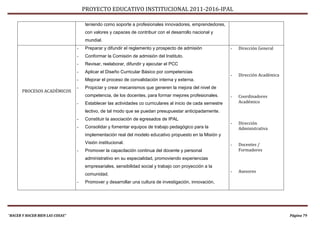 PROYECTO EDUCATIVO INSTITUCIONAL 2011-2016-IPAL

                                     teniendo como soporte a profesionales innovadores, emprendedores,
                                     con valores y capaces de contribuir con el desarrollo nacional y
                                     mundial.
                                 -   Preparar y difundir el reglamento y prospecto de admisión               -   Dirección General
                                 -   Conformar la Comisión de admisión del Instituto.
                                 -   Revisar, reelaborar, difundir y ejecutar el PCC
                                 -   Aplicar el Diseño Curricular Básico por competencias
                                                                                                             -   Dirección Académica
                                 -   Mejorar el proceso de convalidación interna y externa.
                                 -   Propiciar y crear mecanismos que generen la mejora del nivel de
       PROCESOS ACADÉMICOS
                                     competencia, de los docentes, para formar mejores profesionales.        -   Coordinadores
                                 -   Establecer las actividades co curriculares al inicio de cada semestre       Académico

                                     lectivo, de tal modo que se puedan presupuestar anticipadamente.
                                 -   Constituir la asociación de egresados de IPAL
                                                                                                             -   Dirección
                                 -   Consolidar y fomentar equipos de trabajo pedagógico para la                 Administrativa
                                     implementación real del modelo educativo propuesto en la Misión y
                                     Visión institucional.                                                   -   Docentes /
                                 -   Promover la capacitación continua del docente y personal                    Formadores
                                     administrativo en su especialidad, promoviendo experiencias
                                     empresariales, sensibilidad social y trabajo con proyección a la
                                                                                                             -   Asesores
                                     comunidad.
                                 -   Promover y desarrollar una cultura de investigación, innovación,




“HACER Y HACER BIEN LAS COSAS”                                                                                                         Página 79
 