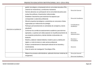 PROYECTO EDUCATIVO INSTITUCIONAL 2011-2016-IPAL

                                     gestión tecnológica y empresarial entre la comunidad educativa IPAL,
                                     creando los mecanismos y condiciones necesarios.
                                                                                                            -   Dirección General
                                 -   Generar plenarias con participación de la comunidad educativa para
                                     evaluar las políticas y lineamientos institucionales.
                                 -   Establecer mecanismos para sectorizar los espacios que
                                     correspondan a cada área profesional.                                  -   Dirección Académica

                                 -   Difundir proyectos tecnológicos o productivos en concursos o ferias
                                     organizadas por instituciones de prestigio.
                                                                                                            -   Coordinadores
                                 -   Participar permanentemente en actividades de consejería y tutoría          Académico
                                     estudiantil
       PROCESOS ACADÉMICOS
                                 -   Conformar los comités de asesoramiento académico para alumnos
                                     egresados, a quienes se le debe asesorar en el perfeccionamiento de -      Dirección
                                                                                                                Administrativa
                                     sus proyectos productivos y demás trámites conducentes a la
                                     titulación.
                                                                                                            -   Docentes /
                                 -   Diseñar y elaborar material didáctico moderno para su distribución         Formadores
                                     digital o a modo de texto en cada carrera profesional.
                                 -   Evaluar constantemente el desempeño laboral de los docentes y
                                     coordinadores.                                                         -   Asesores
                                 -   Crear el centro de investigación Tecnológico IPAL.


                                 -   Mejorar los procesos administrativos, aplicando técnicas modernas de -     Dirección General
                                     reingeniería.
                                                                                                            -   Dirección Académica




“HACER Y HACER BIEN LAS COSAS”                                                                                                        Página 80
 