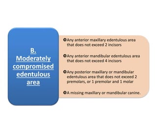 Any anterior maxillary edentulous area
that does not exceed 2 incisors
Any anterior mandibular edentulous area
that does not exceed 4 incisors
Any posterior maxillary or mandibular
edentulous area that does not exceed 2
premolars, or 1 premolar and 1 molar
A missing maxillary or mandibular canine.
B.
Moderately
compromised
edentulous
area
 
