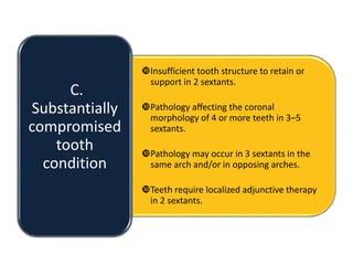 Insufficient tooth structure to retain or
support in 2 sextants.
Pathology affecting the coronal
morphology of 4 or more teeth in 3–5
sextants.
Pathology may occur in 3 sextants in the
same arch and/or in opposing arches.
Teeth require localized adjunctive therapy
in 2 sextants.
C.
Substantially
compromised
tooth
condition
 