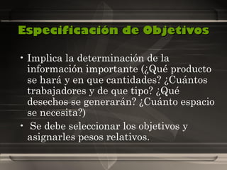 Especificación de Objetivos Implica la determinación de la información importante (¿Qué producto se hará y en que cantidades? ¿Cuántos trabajadores y de que tipo? ¿Qué desechos se generarán? ¿Cuánto espacio se necesita?) Se debe seleccionar los objetivos y asignarles pesos relativos. 