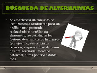 BÚSQUEDA DE ALTERNATiVAS Se establecerá un conjunto de localizaciones candidatas para un análisis más profundo, rechazándose aquéllas que claramente no satisfagan los factores dominantes de la empresa (por ejemplo; existencia de recursos, disponibilidad de mano de obra adecuada, mercado potencial, clima político estable, etc.).  