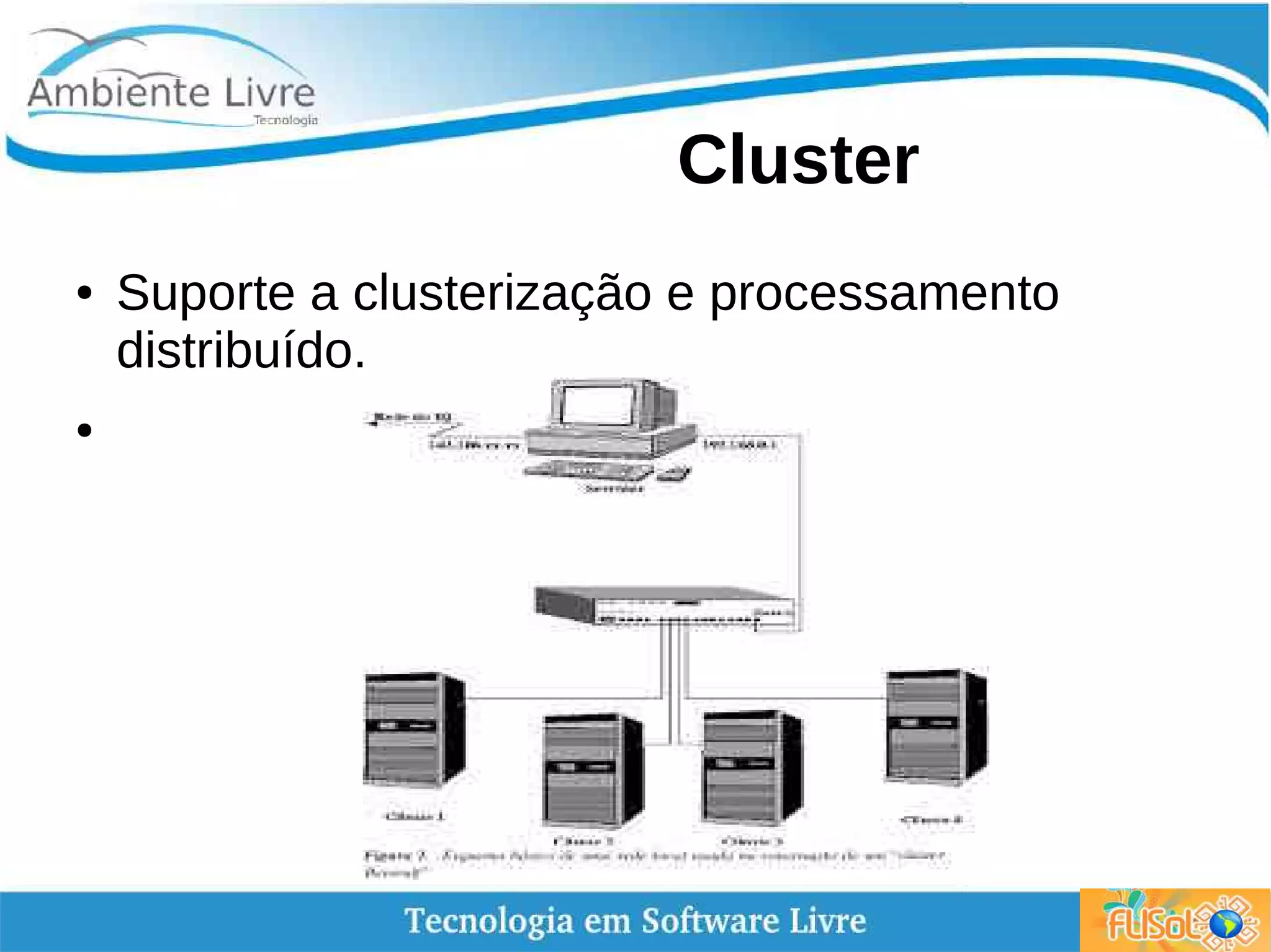 Cluster
● Suporte a clusterização e processamento
distribuído.
●
 