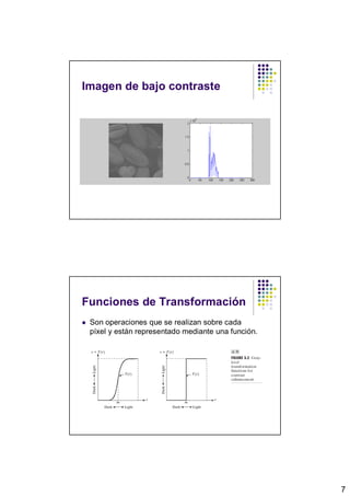 Imagen de bajo contraste




Funciones de Transformación
 Son operaciones que se realizan sobre cada
 píxel y están representado mediante una función.




                                                    7
 