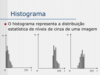 Histograma
        O histograma representa a distribuição
         estatística de níveis de cinza de uma imagem
nl                        nl                 nl




     0          255   l        0   255   l        0   255   l
 