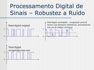 Processamento Digital de
       Sinais – Robustez a Ruído
                                     Sinal digital corrompido – recuperação possível
      Sinal digital original         mesmo com distorções substanciais, principalmente
                                     com uso de códigos corretores.
„1‟                            „1‟



„0‟                            „0‟




      Sinal digital
      recuperado com erro
„1‟



„0‟
 