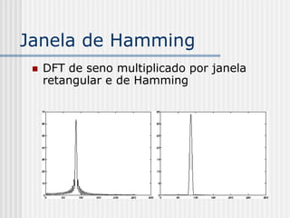 Janela de Hamming
    DFT de seno multiplicado por janela
     retangular e de Hamming
 