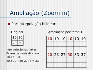 Ampliação (Zoom in)
    Por interpolação bilinear

     Original                Ampliação por fator 3
      10 10                  10 10 10 10 10 10
      20 30

Interpolação nas linhas
Passos de níveis de cinza:
                             20 23 27 30 33 37
10 a 10: 0
20 a 30: (30-20)/3 = 3,3
 