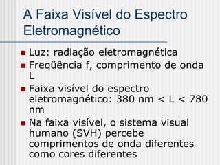 A Faixa Visível do Espectro
Eletromagnético
 Luz: radiação eletromagnética
 Freqüência f, comprimento de onda
  L
 Faixa visível do espectro
  eletromagnético: 380 nm < L < 780
  nm
 Na faixa visível, o sistema visual
  humano (SVH) percebe
  comprimentos de onda diferentes
  como cores diferentes
 