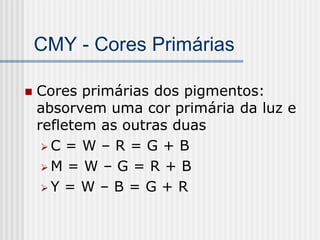CMY - Cores Primárias

   Cores primárias dos pigmentos:
    absorvem uma cor primária da luz e
    refletem as outras duas
     C = W – R = G + B

     M = W – G = R + B

     Y = W – B = G + R
 