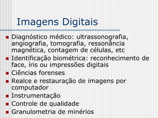 Imagens Digitais
   Diagnóstico médico: ultrassonografia,
    angiografia, tomografia, ressonância
    magnética, contagem de células, etc
   Identificação biométrica: reconhecimento de
    face, íris ou impressões digitais
   Ciências forenses
   Realce e restauração de imagens por
    computador
   Instrumentação
   Controle de qualidade
   Granulometria de minérios
 