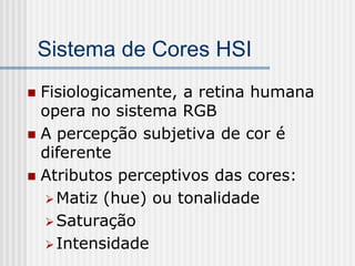 Sistema de Cores HSI
 Fisiologicamente, a retina humana
  opera no sistema RGB
 A percepção subjetiva de cor é
  diferente
 Atributos perceptivos das cores:
   Matiz (hue) ou tonalidade
   Saturação
   Intensidade
 