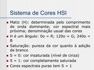 Sistema de Cores HSI
   Matiz (H): determinada pelo comprimento
    de onda dominante; cor espectral mais
    próxima; denominação usual das cores
   H é um ângulo: 0o = R; 120o = G; 240o =
    B
   Saturação: pureza da cor quanto à adição
    de branco
   S = 0: cor insaturada (nível de cinza)
   S = 1: cor completamente saturada
   Cores espectrais puras tem S = 1
 