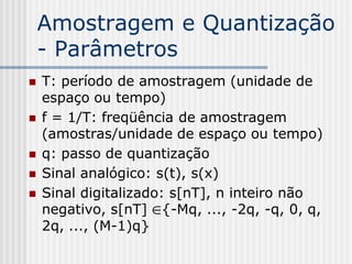Amostragem e Quantização
    - Parâmetros
   T: período de amostragem (unidade de
    espaço ou tempo)
   f = 1/T: freqüência de amostragem
    (amostras/unidade de espaço ou tempo)
   q: passo de quantização
   Sinal analógico: s(t), s(x)
   Sinal digitalizado: s[nT], n inteiro não
    negativo, s[nT] {-Mq, ..., -2q, -q, 0, q,
    2q, ..., (M-1)q}
 