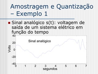 Amostragem e Quantização
   – Exemplo 1
       Sinal analógico s(t): voltagem de
        saída de um sistema elétrico em
        função do tempo
        40

        20
                   Sinal analógico
Volts




         0

        -20

        -40
           0   1       2     3       4   5   6   7
                            segundos
 