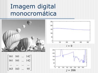Imagem digital
  monocromática
                      250

                      200

                      150

                      100

                       50

                        0
                            0            100         200         300      400       500

                                                     i=0
                            250

                            200


161 161 ... 142           150

161 161 ... 142           100

                              50
 ... ... ... ... 
                 
                                 0
                                     0   50    100   150   200    250   300   350

163 163 ... 95 
                                                     j = 266
 