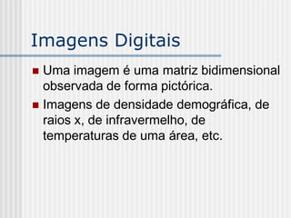 Imagens Digitais
 Uma imagem é uma matriz bidimensional
  observada de forma pictórica.
 Imagens de densidade demográfica, de
  raios x, de infravermelho, de
  temperaturas de uma área, etc.
 