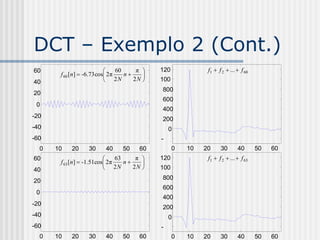 DCT – Exemplo 2 (Cont.)
60                             60     π    120          f1  f 2  ...  f 60
       f 60 [n]  -6.73 cos 2π    n       0
40                          2N       2N    100
                                             0800
20
                                             600
 0
                                             400
-20                                          200
-40                                            0
-60                                          -
  0   10   20     30     40     50     60    2000   10   20     30       40       50   60
60                             63     π    120          f1  f 2  ...  f 63
       f 63 [n]  -1.51cos 2 π    n    
                           2N        2N    0
                                             100
40
                                             0800
20
                                             600
 0
                                             400
-20
                                             200
-40                                            0
-60                                          -
  0   10   20     30     40     50     60    2000   10   20     30       40       50   60
 