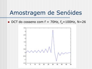Amostragem de Senóides
   DCT do cosseno com f = 70Hz, fa=100Hz, N=26
           3.5

            3

           2.5

            2

           1.5

            1

           0.5

            0

          -0.5

            -1

          -1.5
                 0   5   10   15   20   25   30   35   40   45   50
 