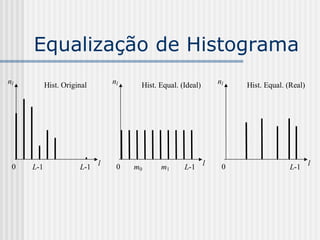 Equalização de Histograma
nl         Hist. Original     nl    Hist. Equal. (Ideal)   nl   Hist. Equal. (Real)




 0   L-1              L-1 l    0   m0     m1      L-1 l     0                 L-1 l
 