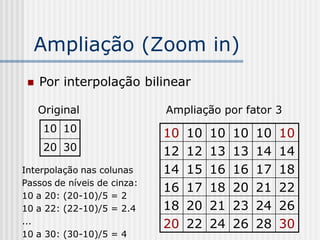 Ampliação (Zoom in)
    Por interpolação bilinear

     Original                Ampliação por fator 3
      10 10                  10   10   10   10   10   10
      20 30                  12   12   13   13   14   14
Interpolação nas colunas     14   15   16   16   17   18
Passos de níveis de cinza:
                             16   17   18   20   21   22
10 a 20: (20-10)/5 = 2
10 a 22: (22-10)/5 = 2.4     18   20   21   23   24   26
...                          20   22   24   26   28   30
10 a 30: (30-10)/5 = 4
 