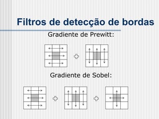 Filtros de detecção de bordas
      Gradiente de Prewitt:




       Gradiente de Sobel:
 