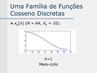 Uma Família de Funções
Cosseno Discretas
   xk[n] (N = 64, Xk = 10).
         2

         1

         0

        -1

        -2
             0   10   20   30   40   50   60   70



                         k=1
                       Meio-ciclo
 