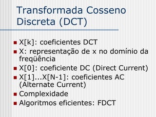Transformada Cosseno
Discreta (DCT)

 X[k]: coeficientes DCT
 X: representação de x no domínio da
  freqüência
 X[0]: coeficiente DC (Direct Current)
 X[1]...X[N-1]: coeficientes AC
  (Alternate Current)
 Complexidade
 Algoritmos eficientes: FDCT
 
