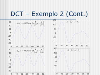 DCT – Exemplo 2 (Cont.)
                                             150
60                             5     π                  f 1  f 2  ...  f 6
       f 5 [n]  -34.55 cos 2π   n    
40                          2N      2N     100

20                                            50

 0                                             0
-20
                                             -50
-40
                                             -
-60                                          100
  0   10   20     30     40     50     60       0   10   20        30       40        50   60
                                              150
60                              6     π                     f 1  f 2  ...  f 6
       f 6 [n]  -33.29 cos 2 π   n    
40                          2N       2N     100
20                                             50
 0
                                               0
-20
                                              -50
-40
-60                                          -
                                             100
  0   10   20     30     40     50     60       0   10   20         30        40      50   60
 