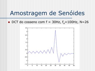 Amostragem de Senóides
   DCT do cosseno com f = 30Hz, fa=100Hz, N=26
           3.5

             3

           2.5

             2

           1.5

             1

           0.5

             0

           -0.5

            -1

           -1.5
                  0   5   10   15   20   25   30   35   40   45   50
 