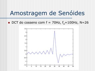 Amostragem de Senóides
   DCT do cosseno com f = 70Hz, fa=100Hz, N=26
           3.5

            3

           2.5

            2

           1.5

            1

           0.5

            0

          -0.5

            -1

          -1.5
                 0   5   10   15   20   25   30   35   40   45   50
 