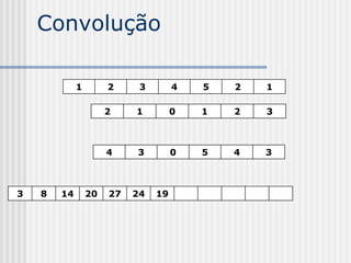 Convolução

             1        2     3        4   5   2   1

                      2    1         0   1   2   3



                      4    3         0   5   4   3



3   8   14       20   27   24   19
 