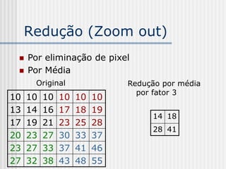 Redução (Zoom out)
    Por eliminação de pixel
    Por Média
      Original                Redução por média
                                por fator 3
10   10   10   10   10   10
13   14   16   17   18   19
                                   14 18
17   19   21   23   25   28
                                   28 41
20   23   27   30   33   37
23   27   33   37   41   46
27   32   38   43   48   55
 