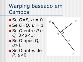 Warping baseado em
Campos
 Se O=P, u = 0
 Se O=Q, u = 1
 Se O entre P e
  Q, 0<u<1;
 Se O após Q,
  u>1
 Se O antes de
  P, u<0
 