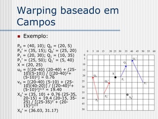 Warping baseado em
Campos
   Exemplo:
P0 = (40, 10); Q0 = (20, 5)
P0’ = (35, 15); Q0’ = (25, 20)        0   5 10   15         20 25 30        35    40     45   50   55   60
P1 = (20, 30); Q1 = (10, 35)      0
                                                                                       Q1’
P1’ = (25, 50); Q1’ = (5, 40)     5
                                                                        Q1
X = (20, 25)                     10

u0 = [(20-40) (20-40) + (25-     15
    10)(5-10)] / [(20-40)2+                                   X
    (5-10)2] = 0.76
                                 20       Q0
                                                                       P1
v0 = [(20-40) (5-10) + (25-      25                   Q0’
                                                                                               P1’
    10)(40-20)] / [(20-40)2+     30
    (5-10)2]1/2 = 19.40
                                 35
X0’ = (35, 10) + 0.76 (25-35,                         P0’
    20-15) + 19.4 (20-15, 35-    40
                                           P0
                                                                                 X0’
    25) / [(25-35)2 + (20-       45
    15)2]1/2
X0’ = (36.03, 31.17)             50
 