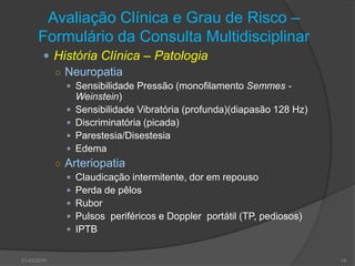 Avaliação Clínica e Grau de Risco – Formulário da Consulta MultidisciplinarHistória Clínica – PatologiaNeuropatiaSensibilidade Pressão (monofilamento Semmes - Weinstein) Sensibilidade Vibratória (profunda)(diapasão 128 Hz)Discriminatória (picada)Parestesia/DisestesiaEdemaArteriopatiaClaudicação intermitente, dor em repousoPerda de pêlosRubor Pulsos  periféricos e Doppler  portátil (TP, pediosos)IPTB30-03-201014